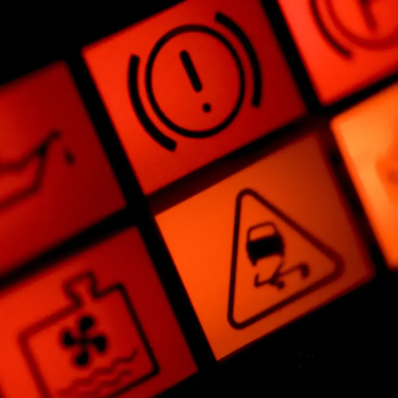 Close-up of a car dashboard with red and orange warning lights lit, including oil pressure, brake, coolant temperature, and traction control symbols.