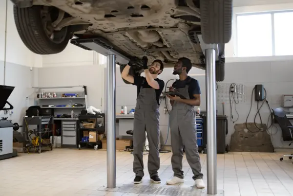 Two mechanics in grey overalls inspect the underside of a car raised on a lift in an auto repair shop, one pointing up at the undercarriage while the other writes on a clipboard.